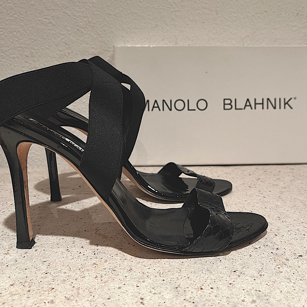 Black Manolo Blahnik sandals handmade in Italy w/stretch ankle strap & snakeskin